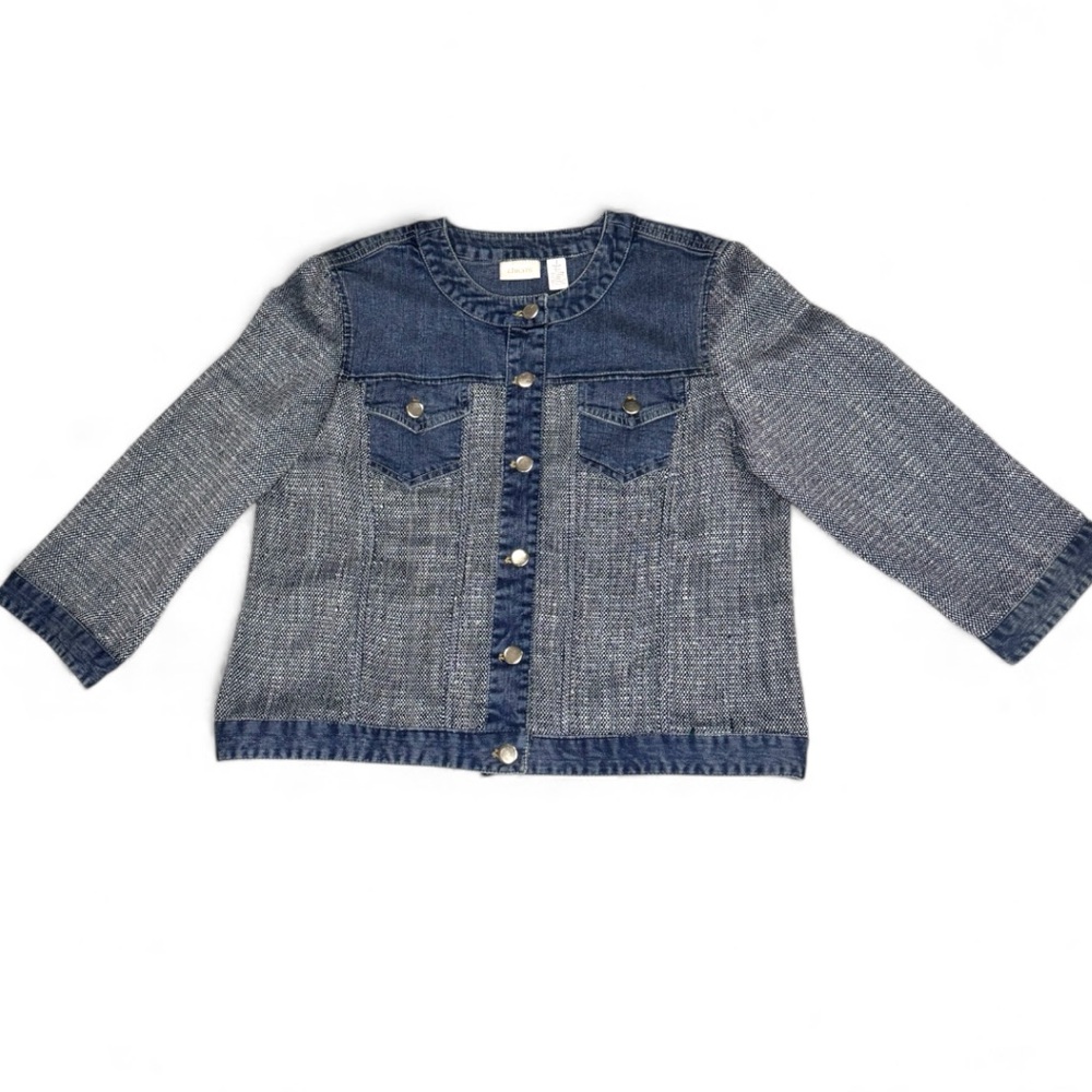Chico’s Denim Tweed Mixed Media Jacket Blue Silver Button Size 1 M - Picture 11 of 11